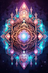 Harmonious Nebula Aurora Ancient Alien Symbols and Spessartite Gemstones in Interdimensional Refractions Background - Macro Hexagonal Antigravity Wallpaper created with Generative AI Technology