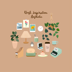 Desk inspiration decoration aesthetic feminine illustration set