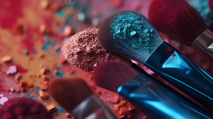 close - up of Makeup brushes with colorful eye shadows. generative ai