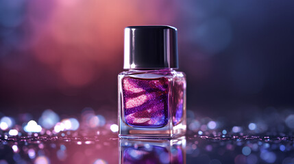 close-up photo of a beautiful glittery purple nail paint bottle. generative ai