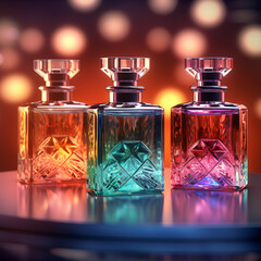 Close-up photo of glass bottles of perfumes . Generative ai