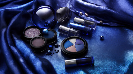 luxury set of makeup on blue silk fabric . generative ai
