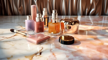 Luxury set of makeup perfumes and jewelry on marble . generative ai 