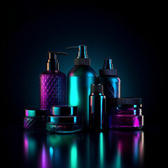 luxury cosmetic products of light neon colors on dark background. generative ai