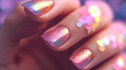 Ultra close - up photo of beautiful female nails with colorful nail paints. generative ai