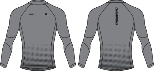 Long sleeve Compression running base layer top t shirt flat sketch design illustration, Tight fit top design vector template, Active wear compression top concept with front and back view
