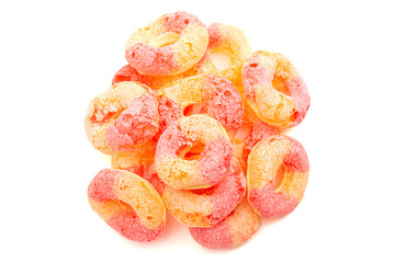 Freeze Dried Peach Ring Candies Isolated on a White Background