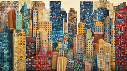 Cityscape background illustration in mosaic style. Generative AI