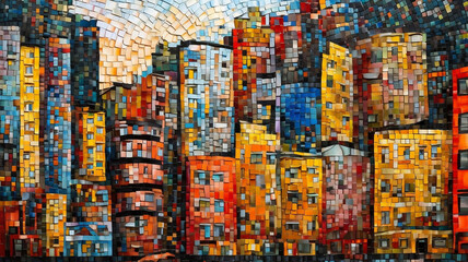 Fototapeta premium Cityscape background illustration in mosaic style. Generative AI