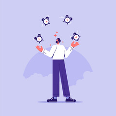 Businessman character successfully juggling managing his time, successful time management concept