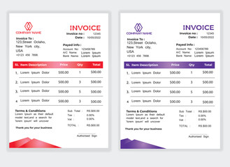 Business Minimal Corporate Invoice design template vector illustration bill form price . Creative template and stationery design payment agreement design template Cash Memo, Vector Quotation Design