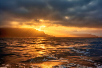 Fototapeta premium Orange sunshine shining through the clouds, Generative AI