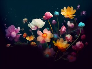 Bouquet of beautiful gloving wild flowers on the teal background created with Generative AI technology