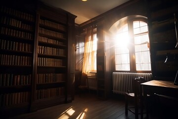 Library with old books and light from big windows. Room with a bookcases. Books day created with Generative AI technology
