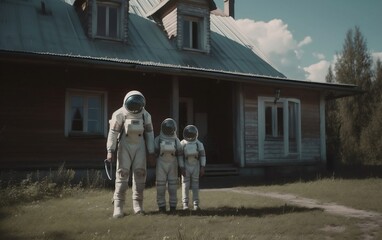 Obraz premium Man and two kids in spacesuits next to abandoned farmhouse at sunny summer day created with Generative AI technology. Astronauts on the Earth planet