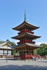 vertical picture of red pagoda and blue sky in Naritasan Shinshoji temple