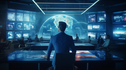 Fototapeta premium person dynamic world of CRM( Customer Relationship Management) as a forward-thinking businessman engages with a virtual screen, supported by a skilled customer service and support team, Generative AI