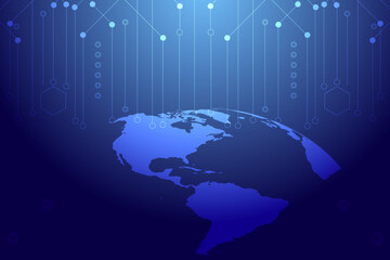 Map and world (half world) below, and above is electronic circuit overlapping. Gradient dark blue background.
