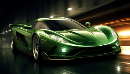 green sports car wallpaper with fantastic light effect background. generative ai
