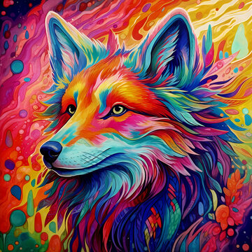 a phychadelic wolf in a colorful wonderland