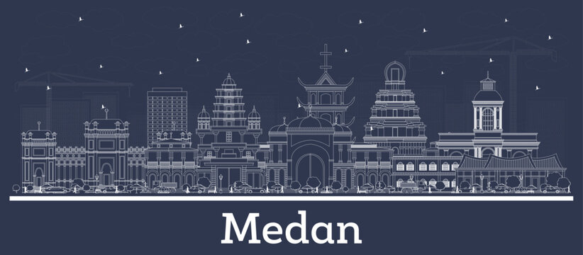 Outline Medan Indonesia City Skyline with White Buildings.