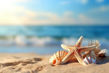 Fototapeta na wymiar Summer vacations and marine background. Tropical beach with sea star and seashells on sand, summer holiday background. travel and beach vacation. defocused ocean background copy space for text.