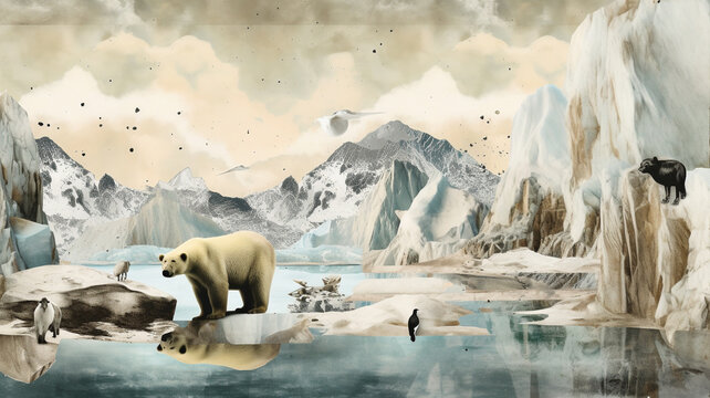 Collage illustrant l'antarctique, le pôle nord - Fonte des glaces - Générative IA