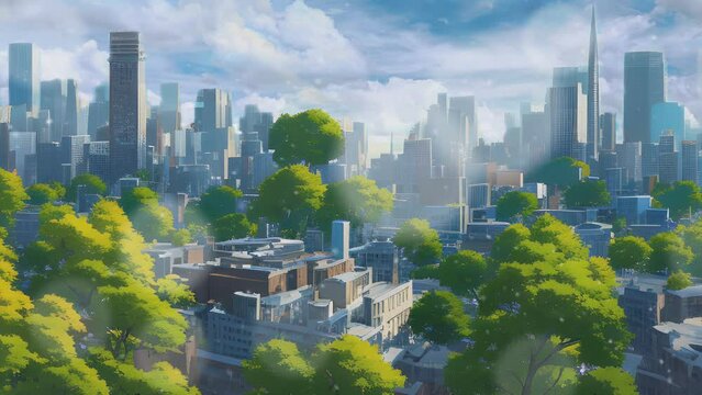 Beautiful fantasy city buildings and trees scenic background animation in Japanese anime watercolor painting illustration style. seamless looping video animated background.