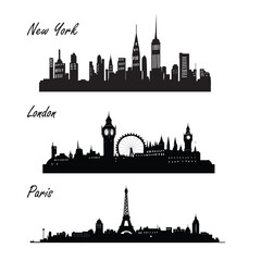 Hand-drawn city skylines. New York, London, Paris.
