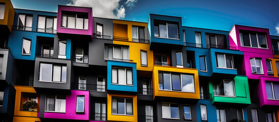 Colorful housing. A housing complex, apartment or multi-floor residential building with each unit in different colors. Blue sky in the background. Hand edited generative AI