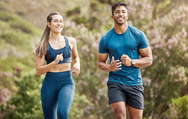 Running, mountain trail and couple of friends training for sports and health outdoor. Fitness,...