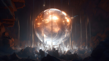 Spheres of light orbiting around a colossal, translucent crystal created with Generative AI technology