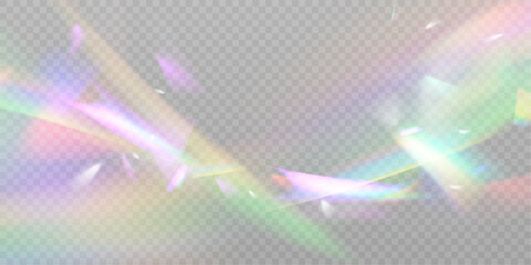 A cluster of colors, bright rays of the spectrum. Glare on a lens, glass, jewelry, or gemstone. The superimposition of the rainbow effect, the refraction of light by a crystal prism. Realistic diamond - obrazy, fototapety, plakaty