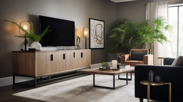 a modern home's living room. The sideboard, adorned with tasteful decor pieces, showcases the homeowner's attention to detail, while the inviting armchair beckons you to relax and unwind,  Generative 