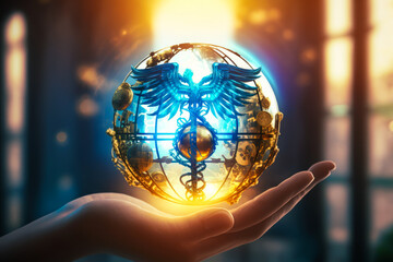 Captivating image of a medical caduceus in a blue holographic sphere, held by a doctor's hand, embodying the significance of health and research. Emotionally stirring. Generative AI