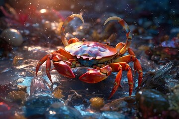 Crab on the sandy bottom with a stone underwater, seas, oceans AI generated