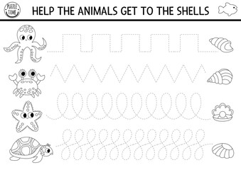 Vector under the sea handwriting practice worksheet. Ocean life printable black and white activity for preschool children. Tracing game for writing skills. Coloring page with water animals, shells - obrazy, fototapety, plakaty