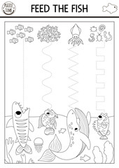 Vector under the sea handwriting practice worksheet. Ocean life printable black and white activity for children. Tracing game for writing skills. Feed the fish coloring page with water animals. - obrazy, fototapety, plakaty