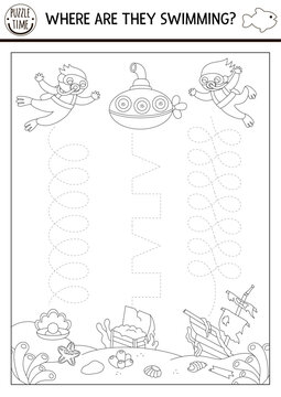 Vector under the sea handwriting practice worksheet. Ocean life printable black and white activity for preschool children. Tracing game for writing skills. Coloring page with scuba divers, submarine.