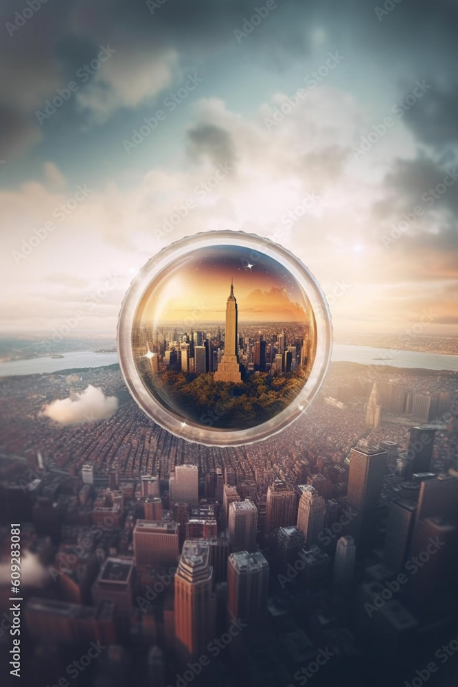 Poster  A creative double exposure image combining a camera lens with an iconic landmark or scenic landscape, blending technology and artistry.  Generative AI technology.