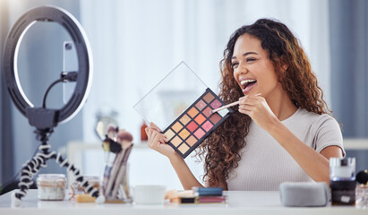 Makeup pallet, influencer and happy woman streaming tutorial for beauty, skin and broadcast for cosmetics. Live stream, filming and content creator, make up artist vlogging with color and skincare.