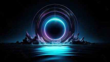 Futuristic fantasy landscape, sci-fi landscape with planet, neon light