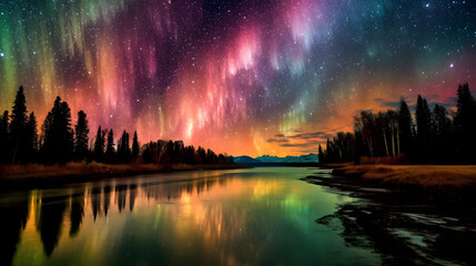 Obraz premium A celestial aurora casting shimmering hues across a cosmic sky created with Generative AI technology