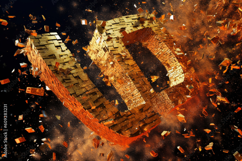 Poster an abstract illustration of a dollar sign disintegrating into pixel-like particles, representing the
