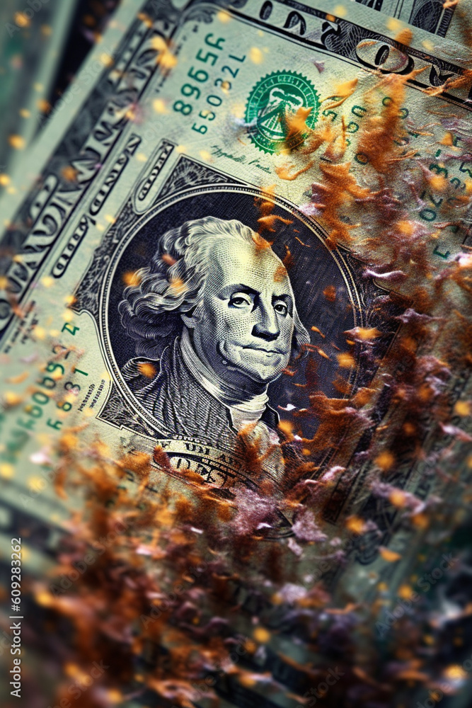 Poster  A macro photograph of a falling dollar bill captured with a high-speed camera, revealing the intricate details and textures of the currency in motion.  Generative AI technology.