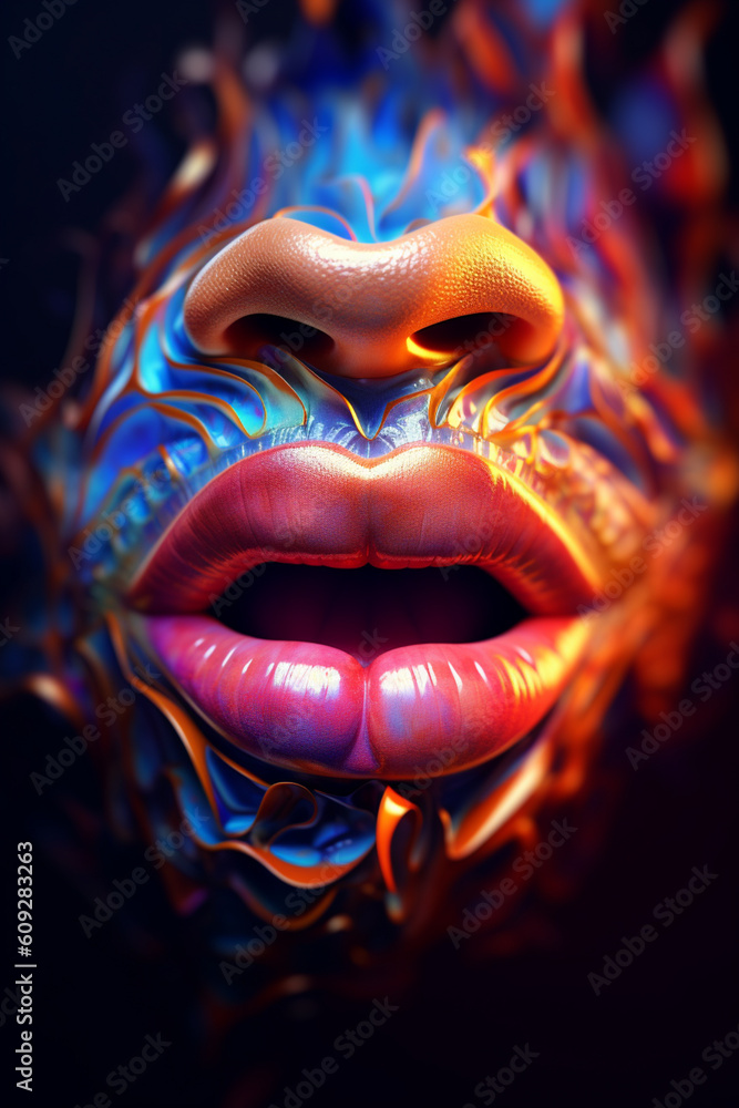 Poster  A digital artwork of abstract lips formed by intricate patterns and textures, adding depth and visual interest to the composition.  Generative AI technology.