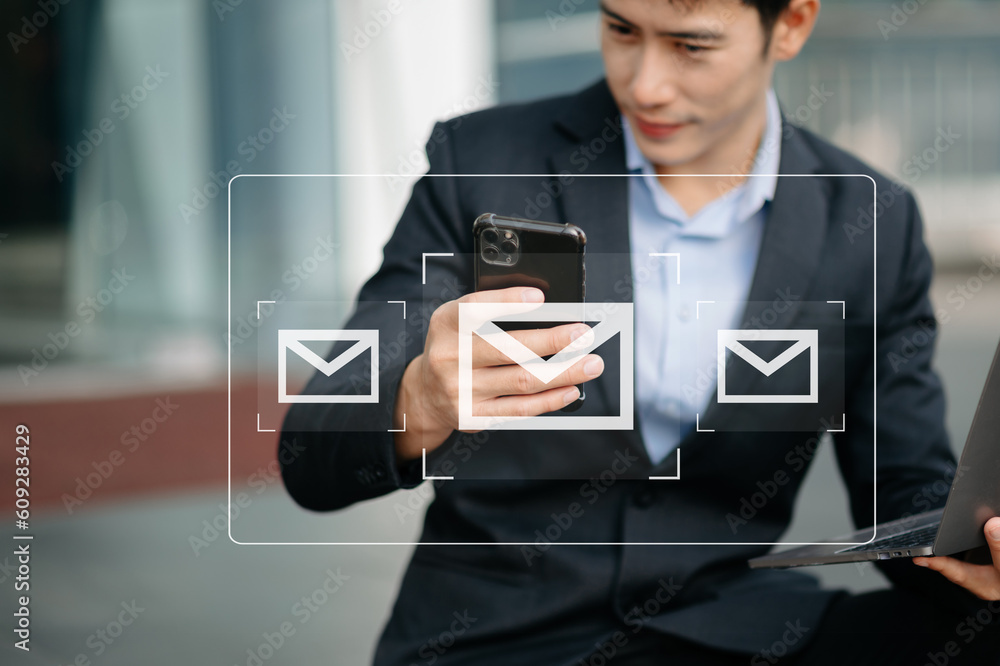 Poster man hands using laptop, tablet typing on keyboard and surfing the internet with email icon, email ma