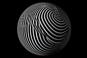 3D geometric striped rounded shape. Sphere. Black and white optical art. Wavy pattern. Abstract background.AI Generative