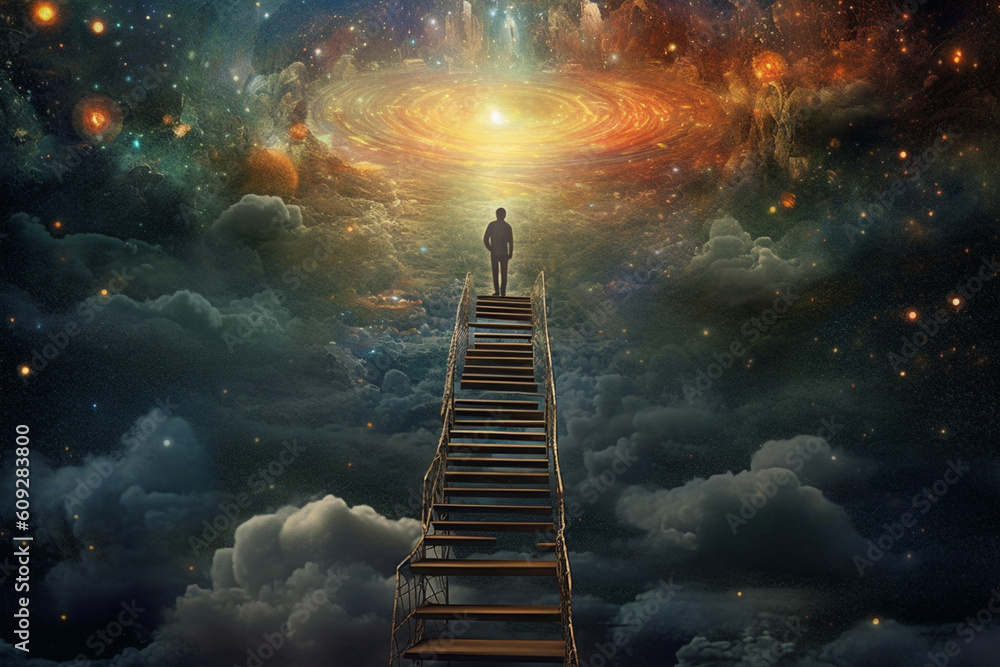 Poster a digital artwork featuring a person standing on a ladder reaching towards a cosmic portal. generati