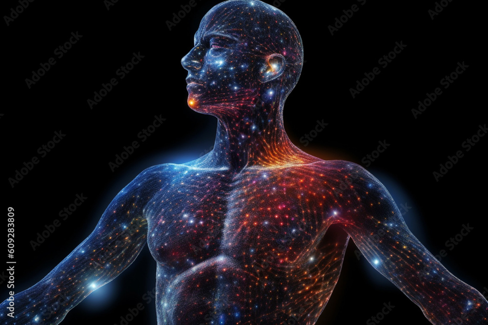 Fototapete person's body composed of constellations, highlighting the notion that we are made of stars and conn